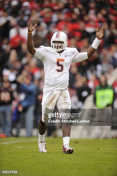 Tyrod Taylor of the Virginia Tech Hokies celebrates a touchdown during a college football game against the Maryland Terrapins on November14, 2009 at...