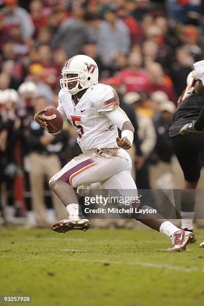 Tyrod Taylor of the Virginia Tech Hokies runs with the ball during a college football game against the Maryland Terrapins on November14, 2009 at...