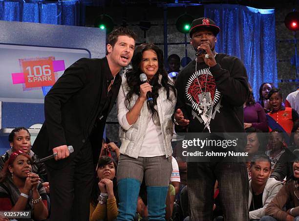 Robin Thicke, "106 & Park" host Rocsi, and 50 Cent visit BET's "106 & Park" at BET Studios on November 19, 2009 in New York City.