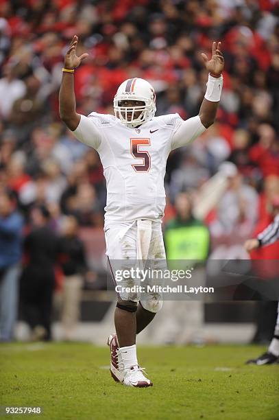 Tyrod Taylor of the Virginia Tech Hokies celebrates a touchdown during a college football game against the Maryland Terrapins on November14, 2009 at...