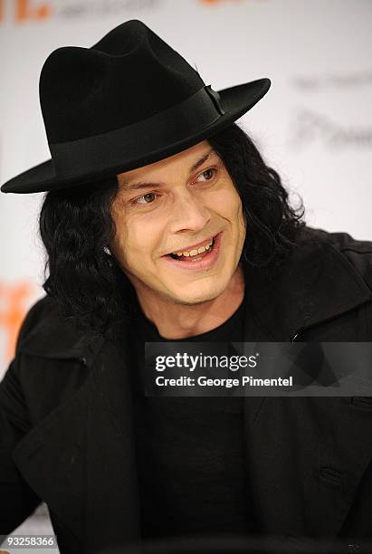 Musician Jack White speaks onstage at the "White Stripes: Under The Great White Northern Lights" press conference held at the Scotiabank Theatre on...