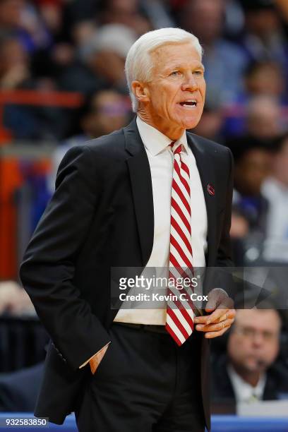 Head coach Bob McKillop of the Davidson Wildcats reacts in the first half against the Kentucky Wildcats during the first round of the 2018 NCAA Men's...