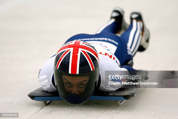 Amy Williams of Great Britain competes in her second run of the skeleton competition during the FIBT Bob & Skeleton World Cup on November 20, 2009 at...
