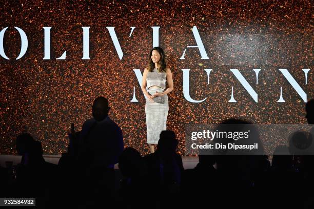 Actor Olivia Munn speaks at the 2018 A+E Upfront on March 15, 2018 in New York City.