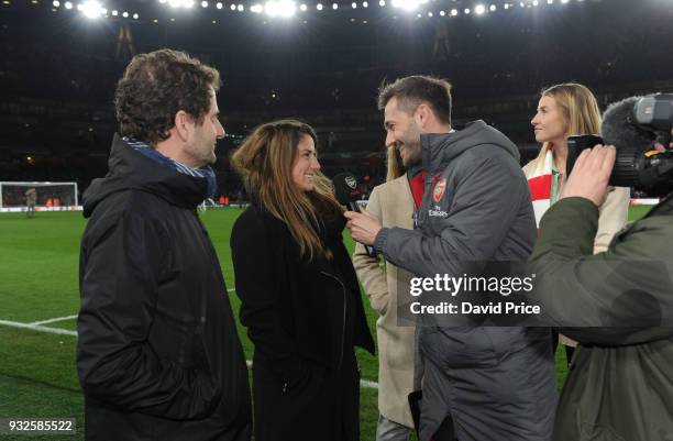 Danielle van de Donk of the Arsenal Women is interviewed at half time during the match between Arsenal and AC Milan at Emirates Stadium on March 15,...