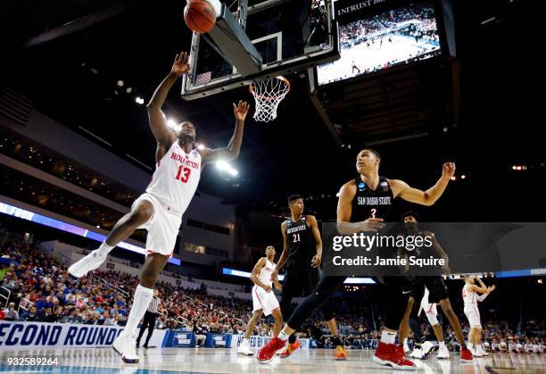 Nura Zanna of the Houston Cougars attempts to save the ball from going out against Trey Kell of the San Diego State Aztecs during the second half of...