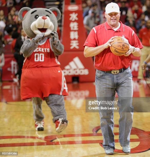 Former Houston Astro Roger Clemens participates in the Rockets First Shot charity at Toyota Center on March 15, 2018 in Houston, Texas. NOTE TO USER:...
