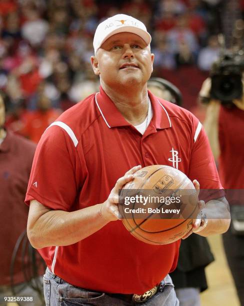 Former Houston Astro Roger Clemens participates in the Rockets First Shot charity at Toyota Center on March 15, 2018 in Houston, Texas. NOTE TO USER:...