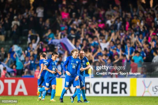 Diego Forlan Corazo of Kitchee SC celebrates with teammates for the team's goal shot by Cheng Chin Lung during the AFC Champions League Group E match...