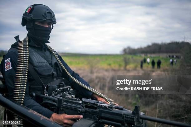 Police agent stands guard during an operation of confiscation of illegal poppy flowers at Los Pericos village, Mocorito municipality in Sinaloa...