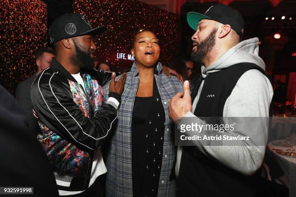 Desus Nice, Queen Latifah, and The Kid Mero attend the 2018 A+E Upfront on March 15, 2018 in New York City.
