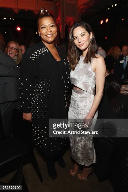 Actors Queen Latifah and Olivia Munn attend the 2018 A+E Upfront on March 15, 2018 in New York City.