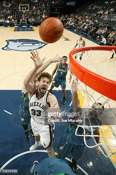 Marc Gasol of the Memphis Grizzlies puts a shot up during the game against the Minnesota Timberwolves on November 14, 2009 at FedExForum in Memphis,...