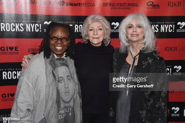 Event host Whoopi Goldberg, singers Judy Collins and Emmylou Harris attend the 2nd Annual Love Rocks NYC concert benefitting God's Love We Deliver at...