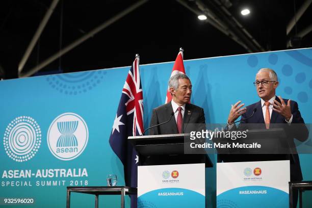 Prime Minister Malcolm Turnbull and Singapore Prime Minister Lee Hsien Loong speak at a Singapore Australia joint press conference on March 16, 2018...