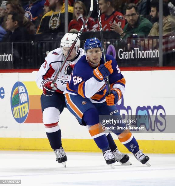Tanner Fritz of the New York Islanders skates against the Washington Capitals at the Barclays Center on March 15, 2018 in the Brooklyn borough of New...