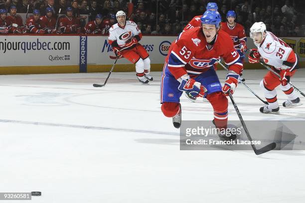 Ryan White of the Montreal Canadiens skates for the puck during the NHL game against the Carolina Hurricanes on November 17, 2009 at the Bell Center...