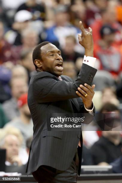 Head coach Avery Johnson of the Alabama Crimson Tide shouts against the Virginia Tech Hokies during the first half of the game in the first round of...