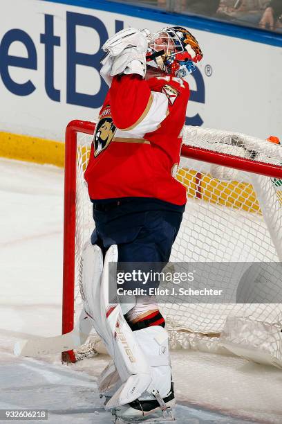 Goaltender James Reimer of the Florida Panthers gives thanks after his shut out 3-0 win over the Boston Bruins at the BB&T Center on March 15, 2018...