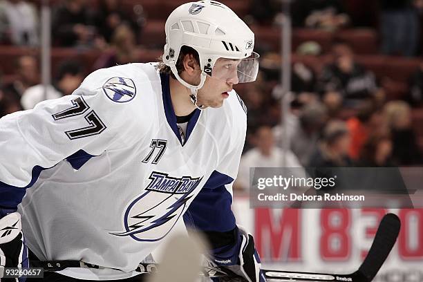 Victor Hedman of the Tampa Bay Lighting skates on the ice against the Anaheim Ducks during the game on November 19, 2009 at Honda Center in Anaheim,...