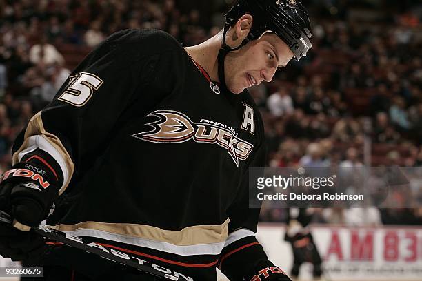 Ryan Getzlaf of the Anaheim Ducks skates on the ice during the game against the Tampa Bay Lighting on November 19, 2009 at Honda Center in Anaheim,...