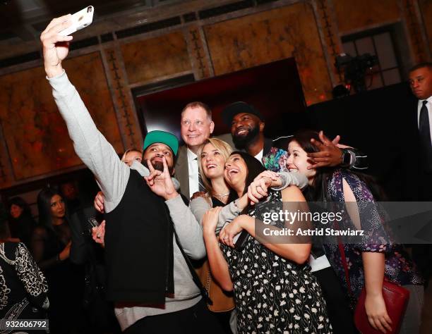 The Kid Mero, Peter Olsen, and Desus Nice attend the 2018 A+E Upfront on March 15, 2018 in New York City.