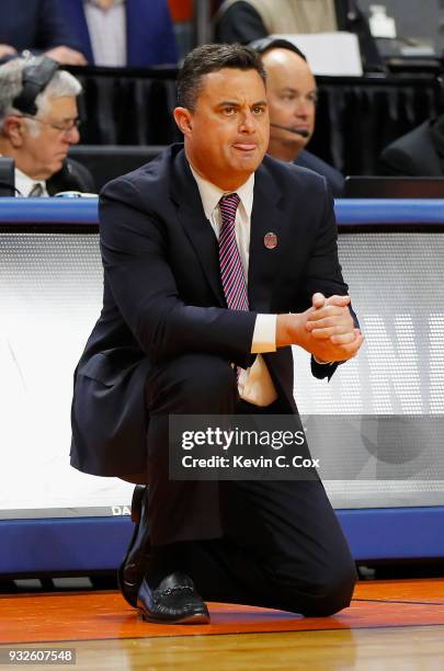 Head coach Sean Miller of the Arizona Wildcats reacts in the first half against the Buffalo Bulls during the first round of the 2018 NCAA Men's...