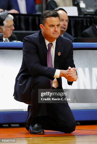 Head coach Sean Miller of the Arizona Wildcats reacts in the first half against the Buffalo Bulls during the first round of the 2018 NCAA Men's...