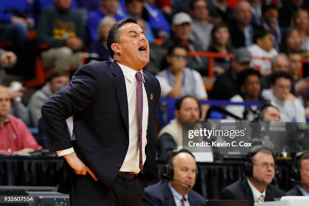 Head coach Sean Miller of the Arizona Wildcats reacts in the first half against the Buffalo Bulls during the first round of the 2018 NCAA Men's...