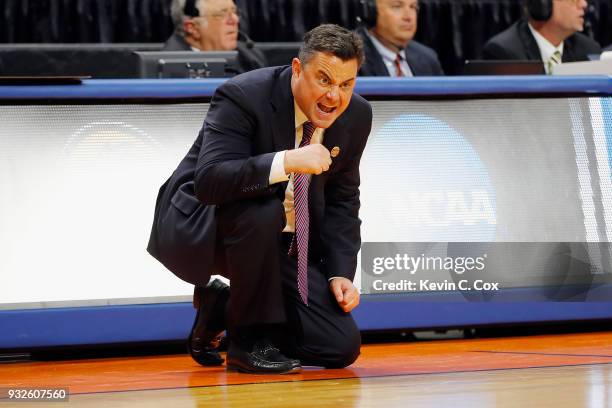 Head coach Sean Miller of the Arizona Wildcats reacts in the first half against the Buffalo Bulls during the first round of the 2018 NCAA Men's...