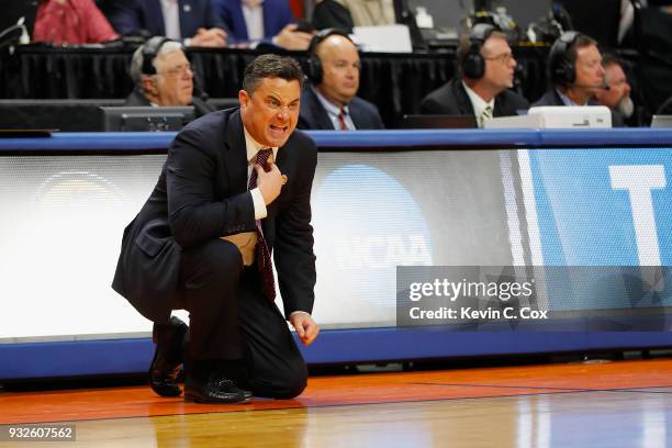 Head coach Sean Miller of the Arizona Wildcats reacts in the first half against the Buffalo Bulls during the first round of the 2018 NCAA Men's...