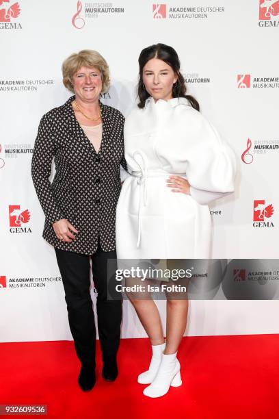 German politician Monika Gruetters and German singer Balbina Jagielska alias Balbina during the German musical authors award on March 15, 2018 in...