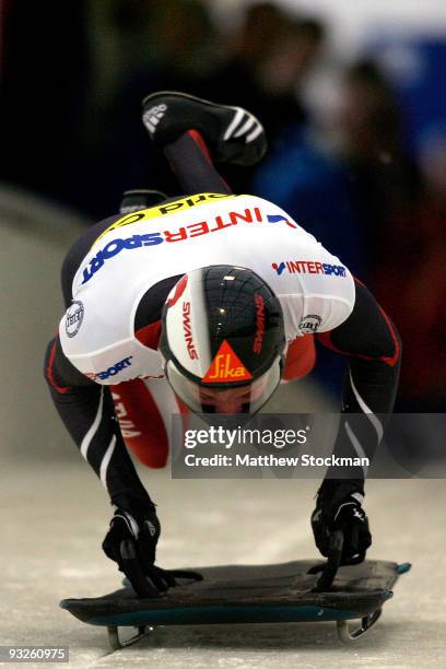 Martins Dukurs of Latvia competes in his first run of the skeleton competition during the FIBT Bob & Skeleton World Cup on November 20, 2009 at the...
