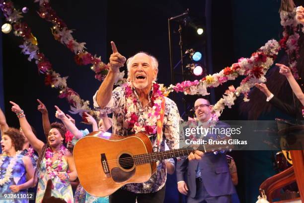 Jimmy Buffett and the cast during the curtain call at the Opening Night of The Jimmy Buffett Musical "Escape To Margaritaville" on Broadway at The...