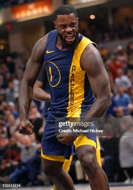 Lance Stephenson of the Indiana Pacers reacts after a basket during the game against the Toronto Raptors at Bankers Life Fieldhouse on March 15, 2018...