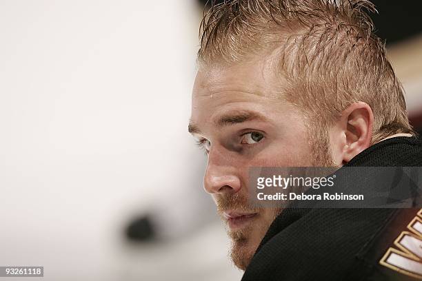 James Wisniewski of the Anaheim Ducks sits on the bench during warmups prior to the game against eh Tampa Bay Lighting on November 19, 2009 at Honda...