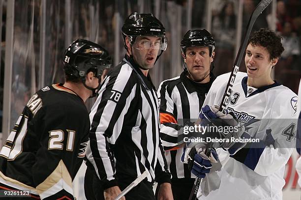 James Wright of the Tampa Bay Lighting has words with against Sheldon Brookbank of the Anaheim Ducks during the game on November 19, 2009 at Honda...