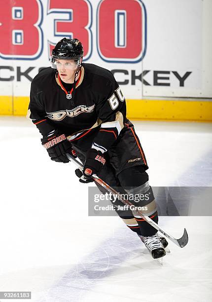 Brendan Mikkelson of the Anaheim Ducks skates prior to the game against the Phoenix Coyotes at the Honda Center on November 7, 2009 in Anaheim,...