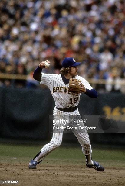 S: Infielder Robin Yount of the Milwaukee Brewers in action sets to make a throw to first base during a circa 1980's Major League Baseball game at...