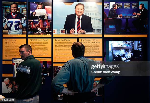 Visitors stop by the Inside Tim Russert's Office: If It's Sunday, It's "Meet the Press" exhibition at the Newseum November 20, 2009 in Washington,...