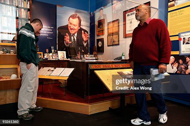 Visitors stop by the Inside Tim Russert's Office: If It's Sunday, It's "Meet the Press" exhibition at the Newseum November 20, 2009 in Washington,...