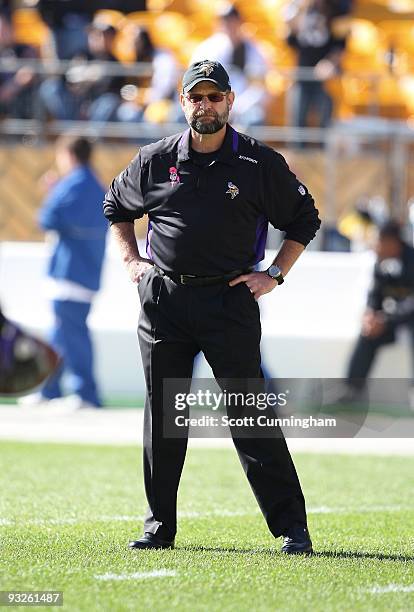 Head Coach Brad Childress of the Minnesota Vikings relaxes before the game against the Pittsburgh Steelers at Heinz Field on October 25, 2009 in...