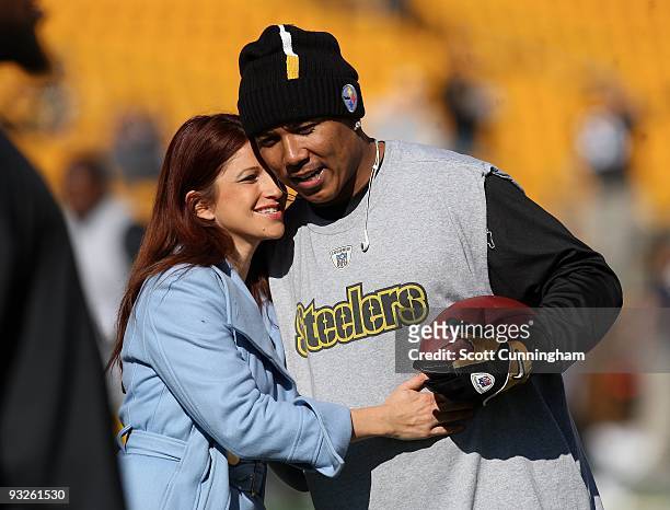 Hines Ward of the Pittsburgh Steelers greets Rachel Nichols of ESPN before the game against the Minnesota Vikings at Heinz Field on October 25, 2009...