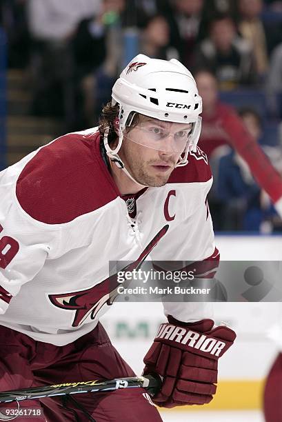 Shane Doan of the Phoenix Coyotes waits for a face-off against the St. Louis Blues on November 19, 2009 at Scottrade Center in St. Louis, Missouri....