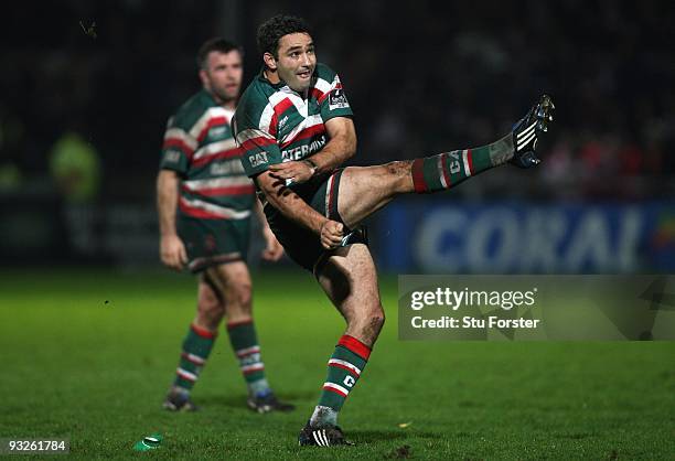 Fly half Jeremy Staunton of Leicester kicks a penalty during the Guinness Premiership match between Gloucester and Leicester Tigers at Kingsholm on...