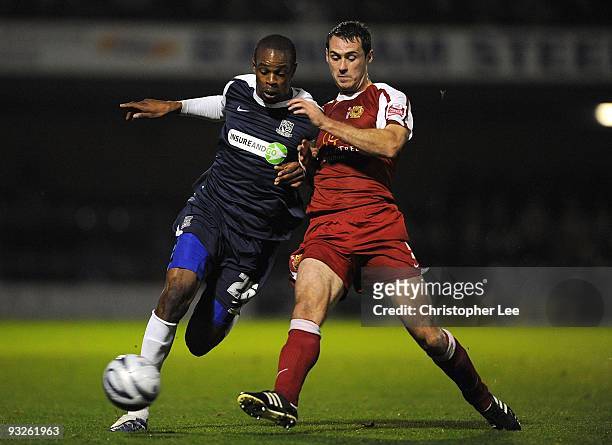 Francis Laurent of Southend battles with Dean McCracken of MK Dons during the Coca-Cola League One match between Southend and MK Dons at Roots Hall...