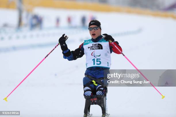 Oksana Masters of United States reacts after the Biathlon - Women's 12.5km - Sitting during day seven of the PyeongChang 2018 Paralympic Games on...