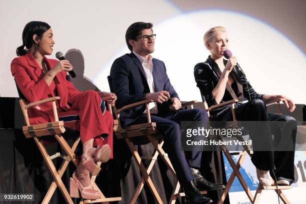 Georgina Campbell, Cameron Cuffe, and Wallis Day speak onstage at Krypton Premiere during SXSW at Alamo Ritz on March 15, 2018 in Austin, Texas.