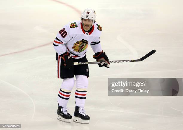 Brandon Saad of the Chicago Blackhawks keeps an eye on the play during second period action against the Winnipeg Jets at the Bell MTS Place on March...