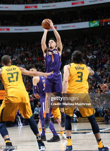 Devin Booker of the Phoenix Suns shoots the ball against the Utah Jazz on March 15, 2018 at vivint.SmartHome Arena in Salt Lake City, Utah. NOTE TO...